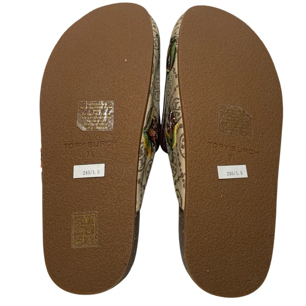 Tory Burch Genuine Shearling Jacquard Needlepoint Mismatched Mules NWOT 🐆 RARE‼️